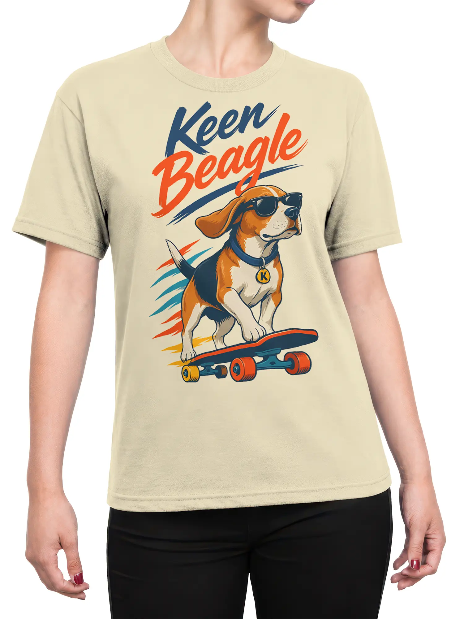 Female torso wearing a beige Keep Beagle T-shirt with a sunglasses-wearing beagle on a skateboard