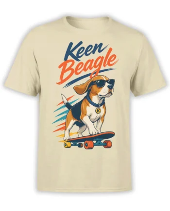 Beige dog graphic tee featuring a sunglasses-wearing beagle on a skateboard with Keep Beagle lettering