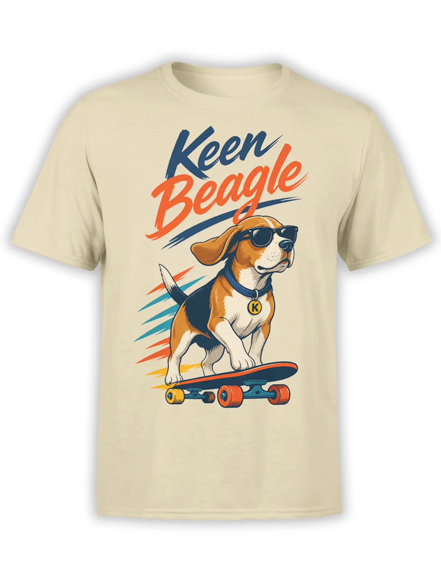 Beige dog graphic tee featuring a sunglasses-wearing beagle on a skateboard with Keep Beagle lettering