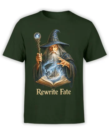 Wizard fantasy graphic with a magical book and “Rewrite Fate” text on a dark green T-shirt