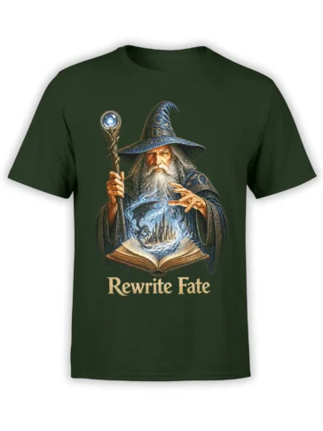 Wizard fantasy graphic with a magical book and “Rewrite Fate” text on a dark green T-shirt