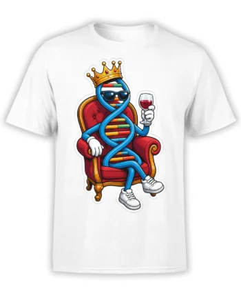 White T-shirt with a crowned DNA double helix wearing sunglasses and holding a wine glass on a red throne