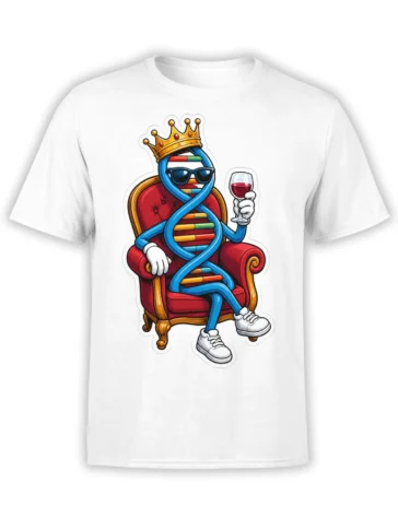 White T-shirt with a crowned DNA double helix wearing sunglasses and holding a wine glass on a red throne