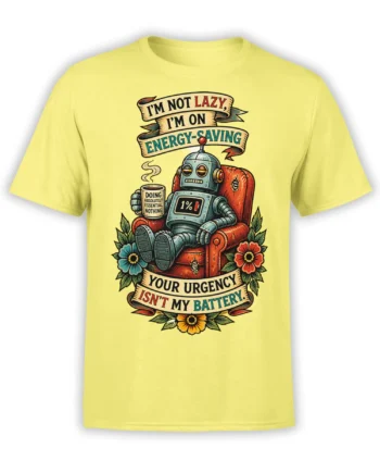 Yellow T-shirt with a vintage robot in an armchair, coffee mug, low battery display, flowers, and energy-saving banners