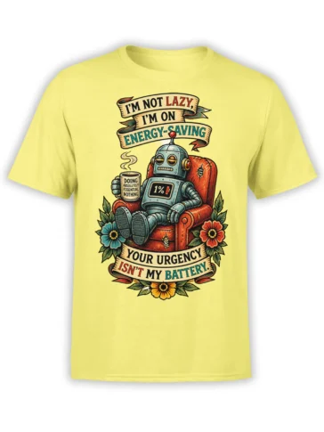 Yellow T-shirt with a vintage robot in an armchair, coffee mug, low battery display, flowers, and energy-saving banners