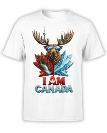 White Canada T-shirt with a moose in sunglasses, maple leaves, city landmarks, mountains, and I AM CANADA text