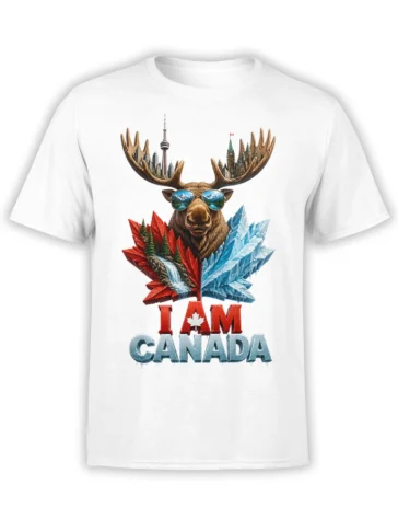 White Canada T-shirt with a moose in sunglasses, maple leaves, city landmarks, mountains, and I AM CANADA text