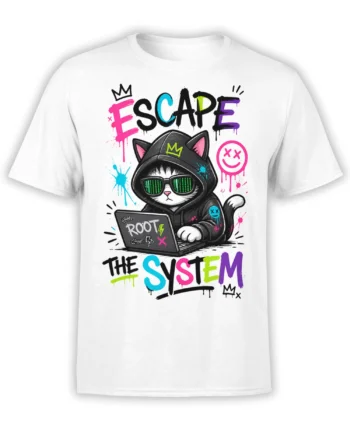 White T-shirt with hooded hacker cat, ROOT laptop, neon graffiti, and ESCAPE THE SYSTEM design
