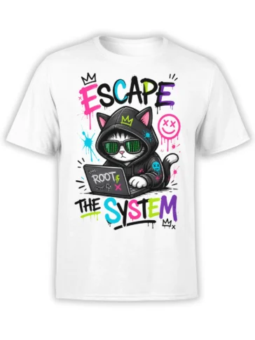 White T-shirt with hooded hacker cat, ROOT laptop, neon graffiti, and ESCAPE THE SYSTEM design