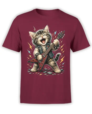 Roaring striped kitten playing an electric guitar on a burgundy rock cat T-shirt