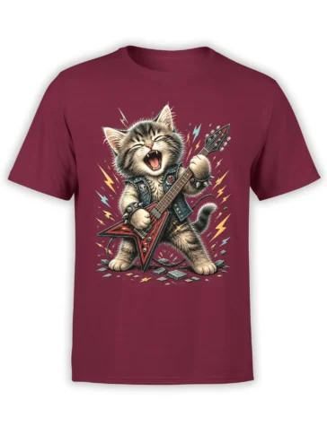 Roaring striped kitten playing an electric guitar on a burgundy rock cat T-shirt