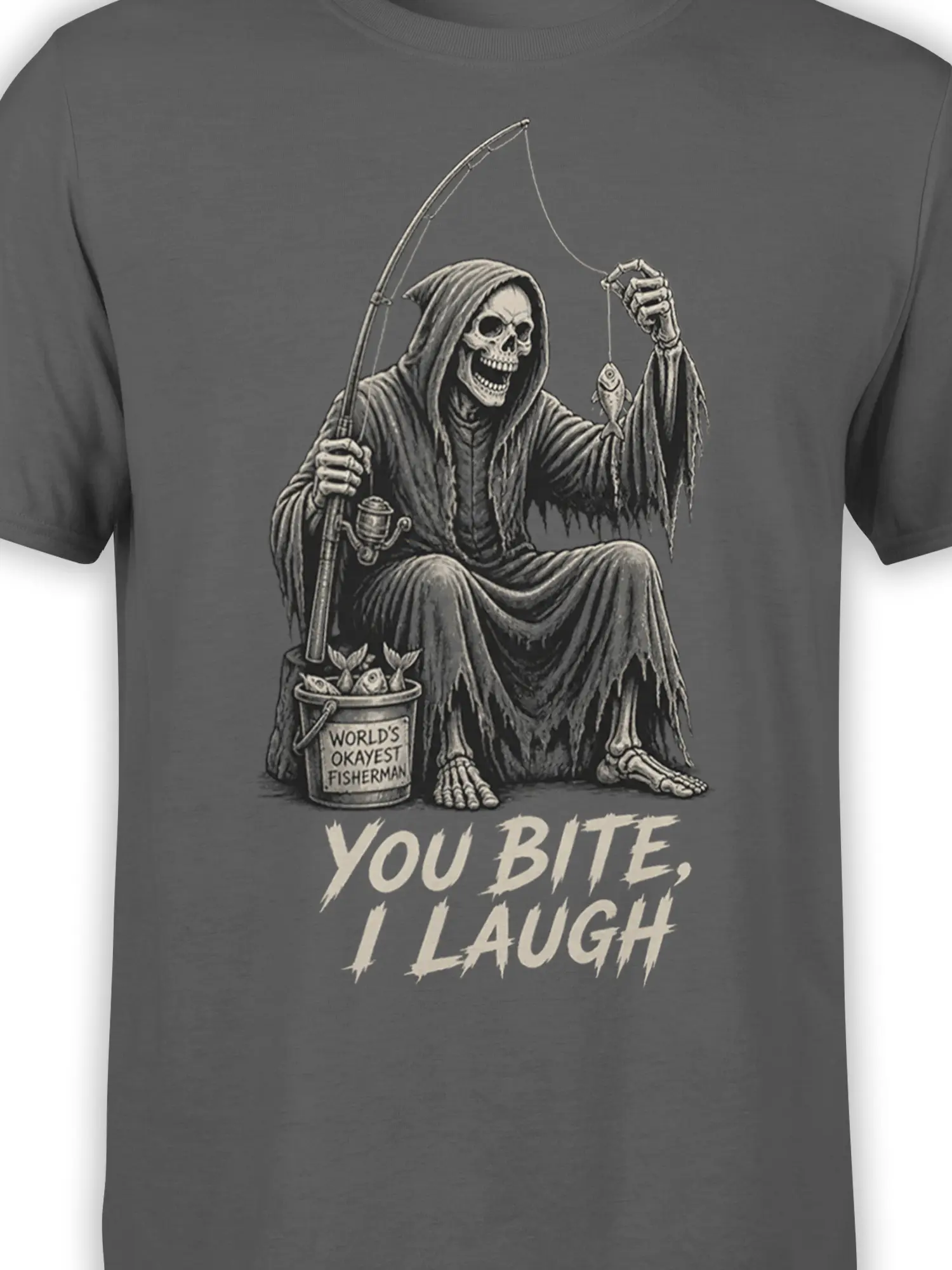 Close-up of the grim reaper fisherman design on a gray T-shirt with fishing details and dark humor lettering