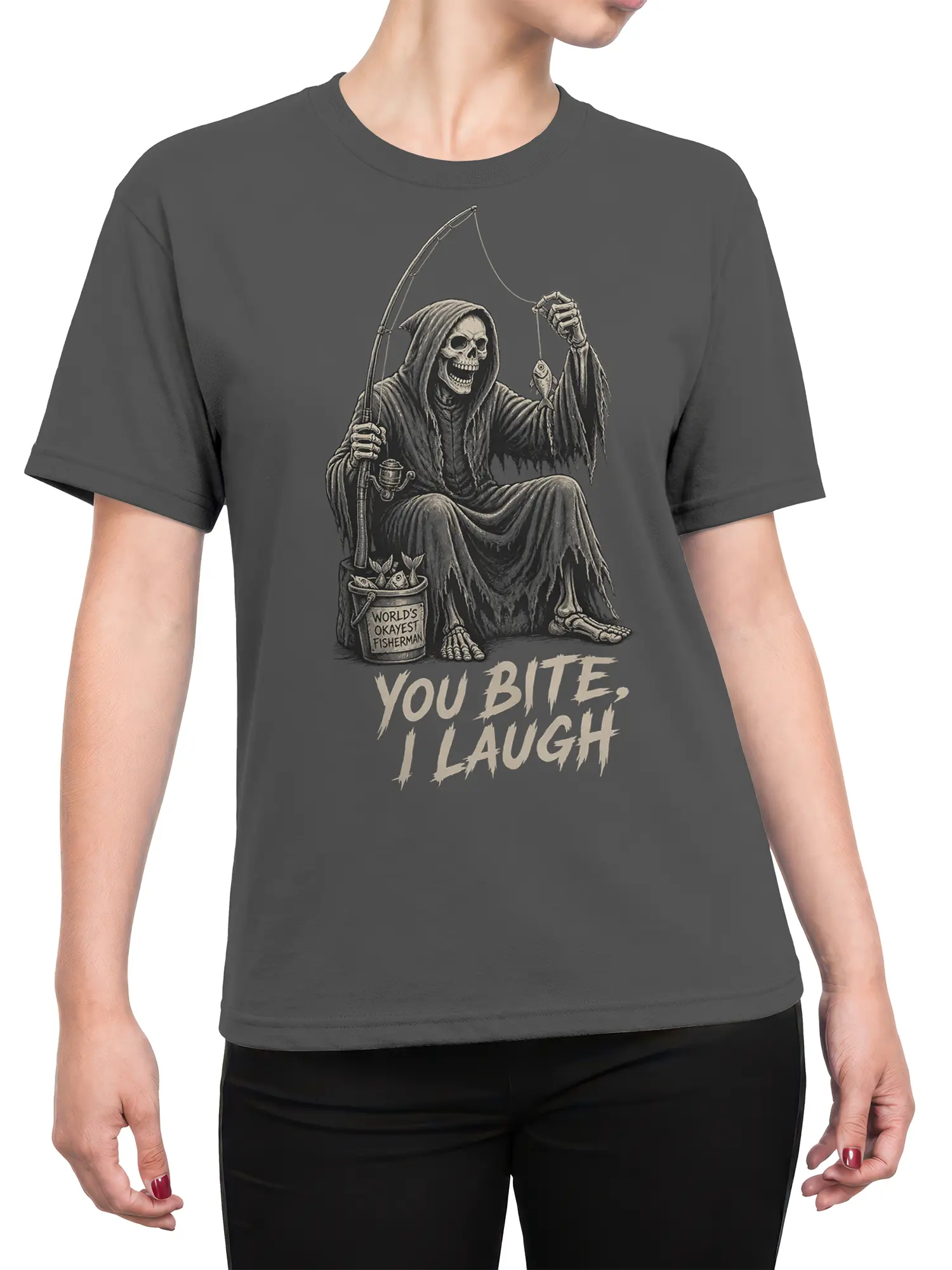 Female torso wearing a gray grim reaper fishing T-shirt with skeleton artwork, fish, and humorous fishing text