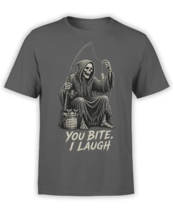 Gray fishing T-shirt with a hooded grim reaper holding a rod, a fish, and a bucket marked World’s Okayest Fisherman