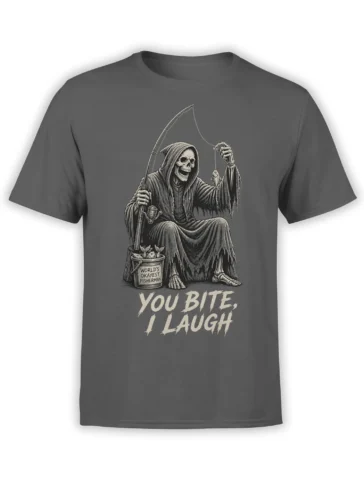 Gray fishing T-shirt with a hooded grim reaper holding a rod, a fish, and a bucket marked World’s Okayest Fisherman