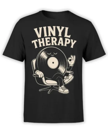 Black Vinyl Therapy T-shirt with a relaxed vinyl record character sitting in a lounge chair