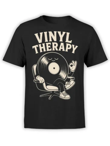 Black Vinyl Therapy T-shirt with a relaxed vinyl record character sitting in a lounge chair