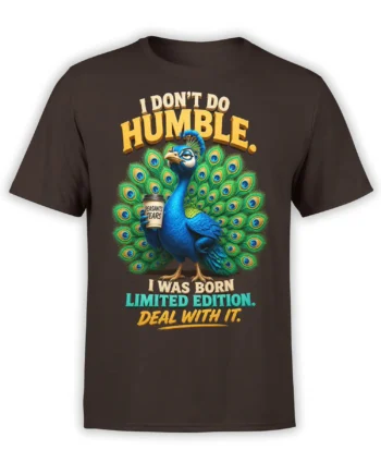 Brown T-shirt with a bold blue peacock, colorful feather fan, coffee cup, and humorous confidence text