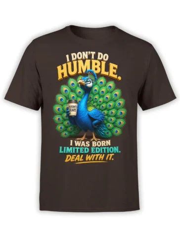 Brown T-shirt with a bold blue peacock, colorful feather fan, coffee cup, and humorous confidence text