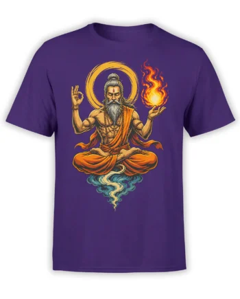 Purple T-shirt featuring a bearded meditating sage with a golden halo, fire, and flowing blue water