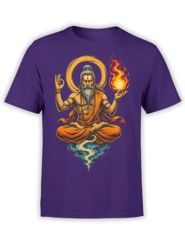 Purple T-shirt featuring a bearded meditating sage with a golden halo, fire, and flowing blue water