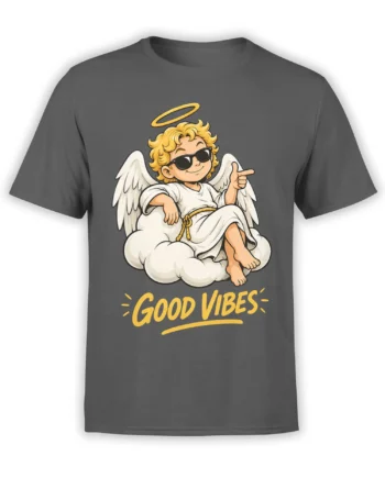 Gray T-shirt with a cartoon angel in sunglasses, golden halo, clouds, and “GOOD VIBES” lettering