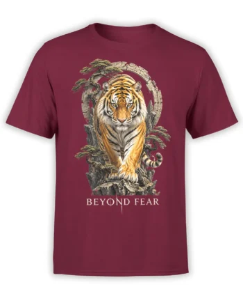 Fearless tiger graphic on a burgundy T-shirt with stone ruins, tree branches, and Beyond Fear text