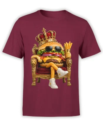 Royal burger wearing sunglasses and a crown while holding fries on a burgundy T-shirt