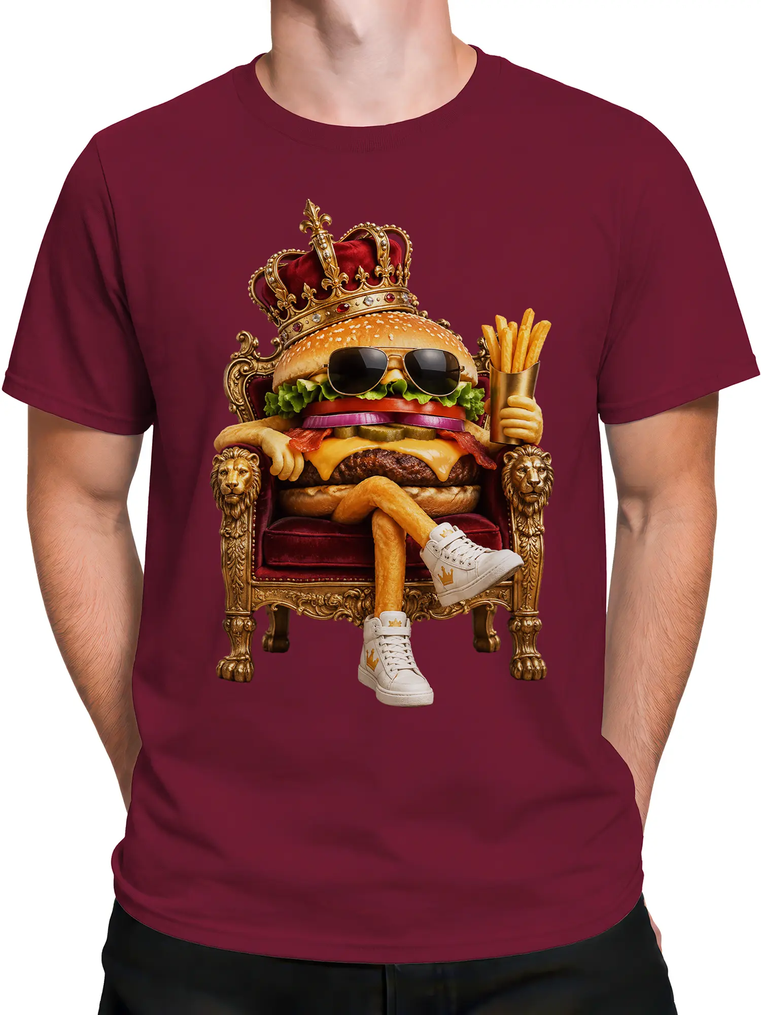 Male torso wearing a burgundy T-shirt with a royal burger holding fries on a throne