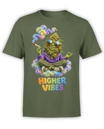 Green cannabis T-shirt with a leafy character meditating on rainbow smoke and colorful Higher Vibes lettering