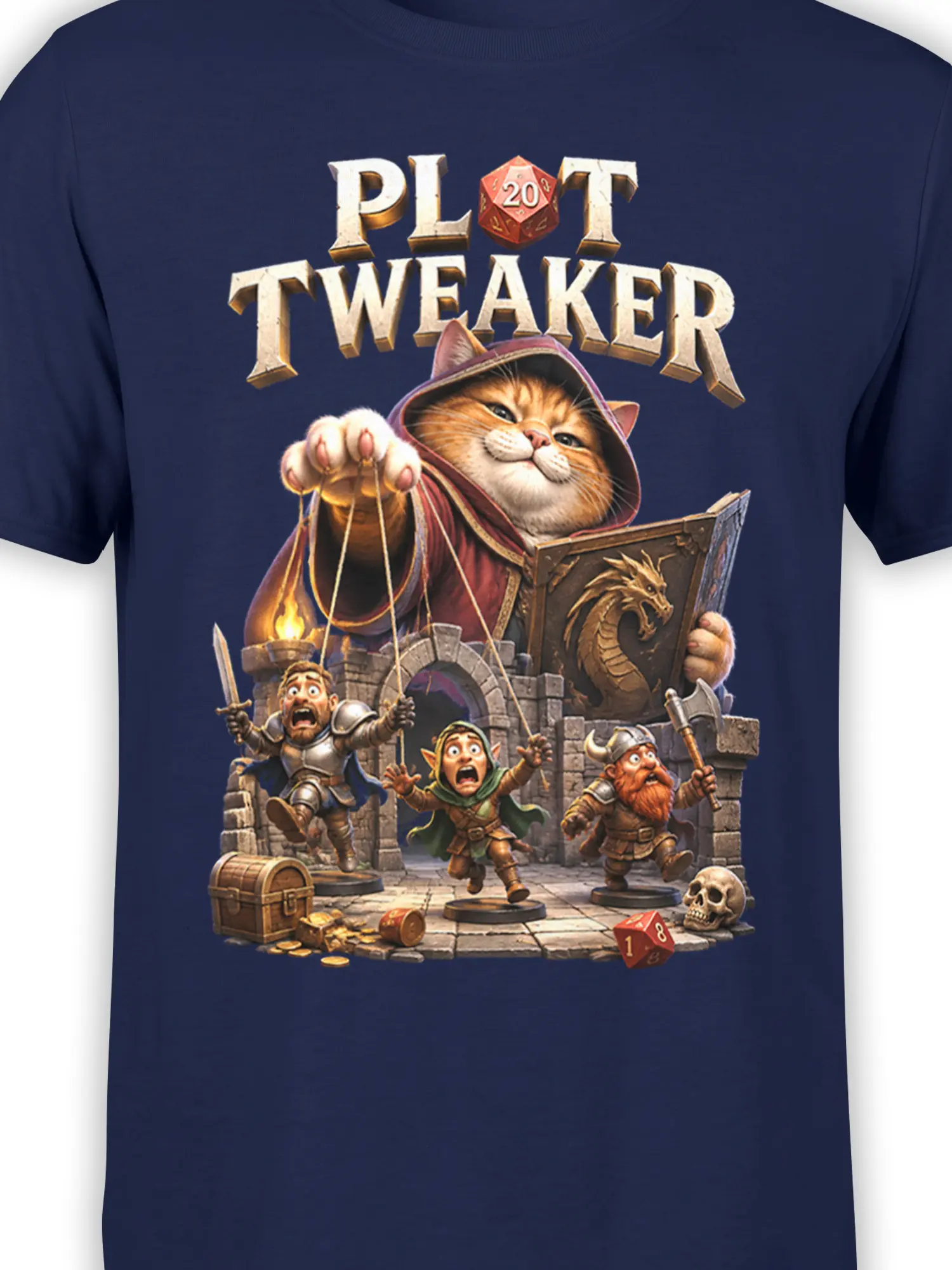 Close-up of hooded cat, dragon book, dice, and fantasy adventurers on a navy RPG T-shirt