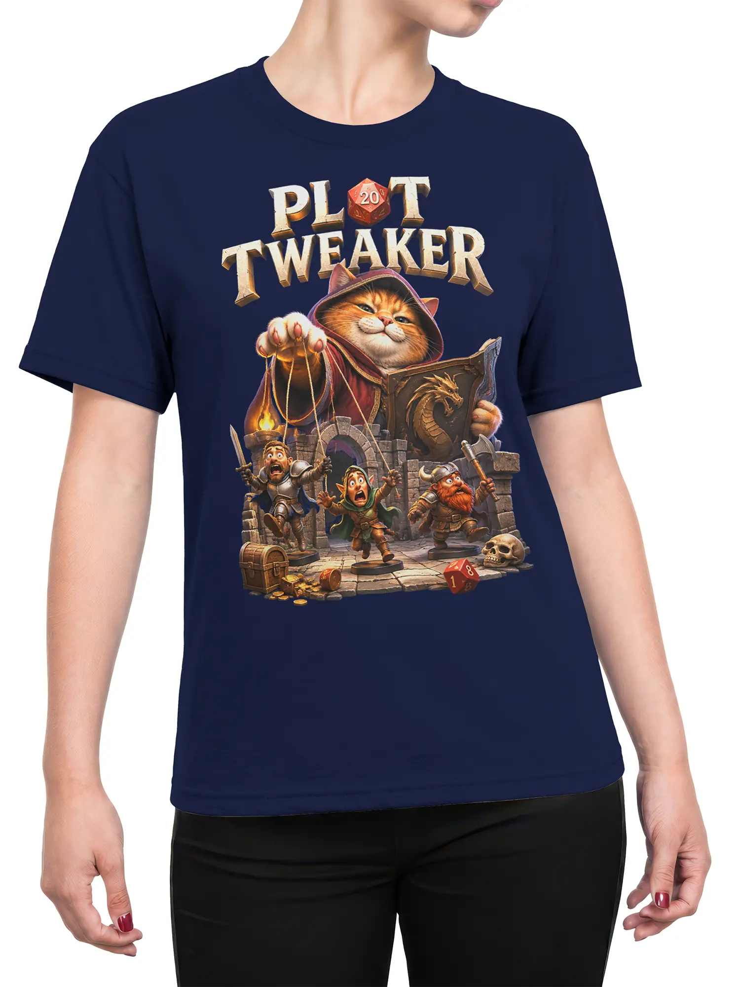 Female torso wearing navy T-shirt with hooded cat RPG dungeon adventure artwork