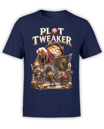 Hooded orange cat RPG design with adventurers, dice, and dungeon scene on a navy T-shirt