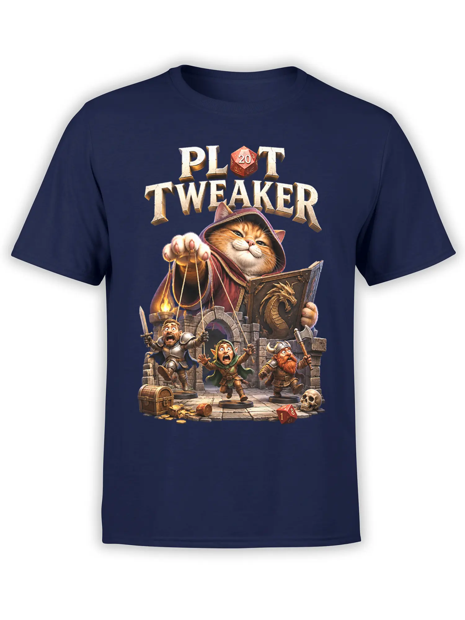 Hooded orange cat RPG design with adventurers, dice, and dungeon scene on a navy T-shirt