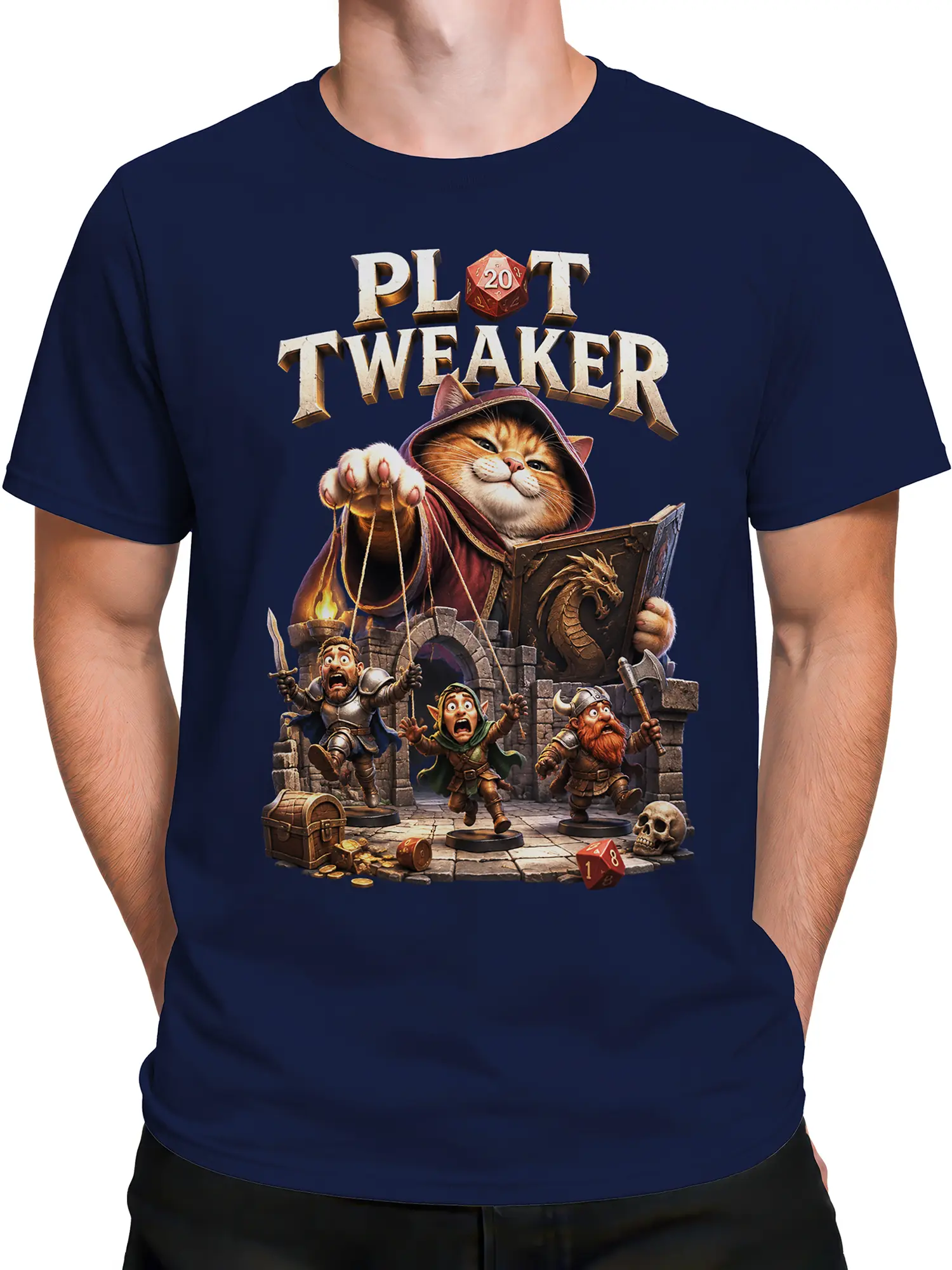 Male torso wearing navy T-shirt with cat, dice, and fantasy dungeon artwork