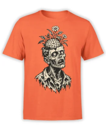 Orange T-shirt featuring a detailed zombie with a flowering brain, leaves, and pale flowers