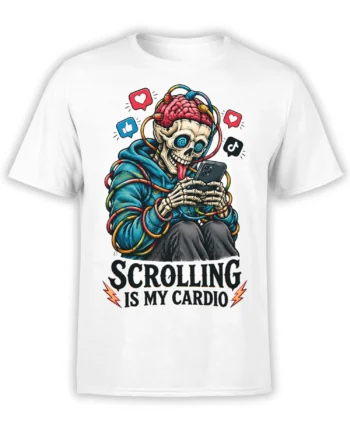 White T-shirt with a colorful zombie skeleton wearing headphones and the text “SCROLLING IS MY CARDIO”