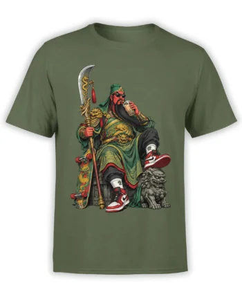Olive green T-shirt featuring a dragon warrior with a curved blade, bubble tea, skateboard, sneakers, and guardian lion