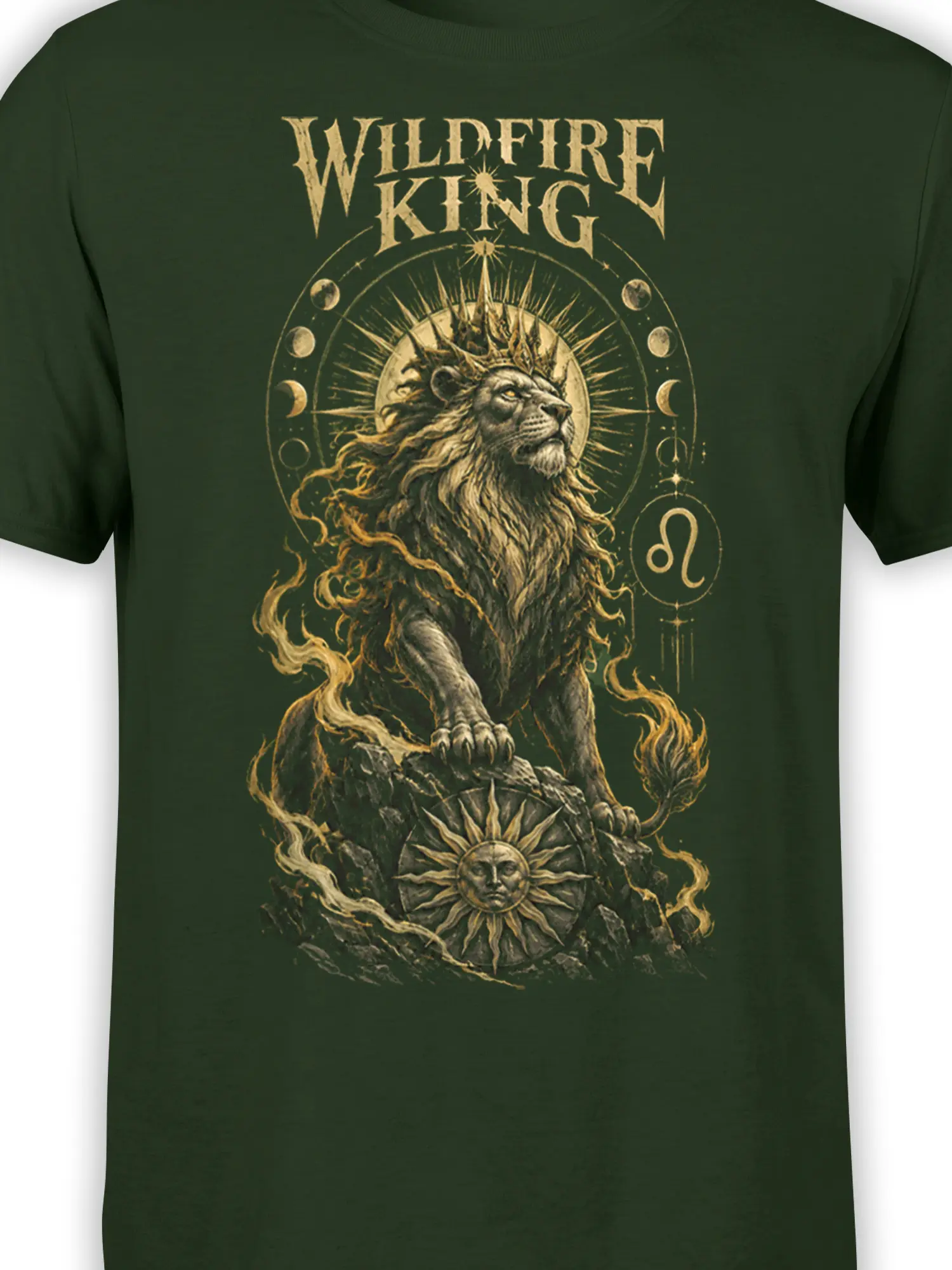 Close-up of the golden lion graphic with flame-like mane and celestial symbols on a green T-shirt