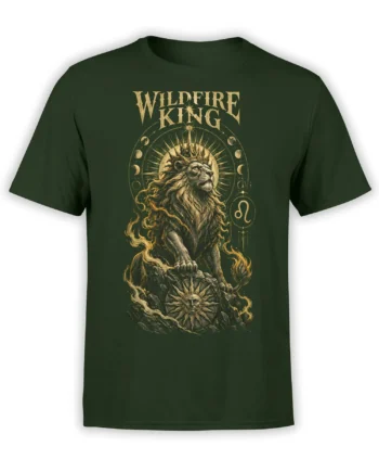 Majestic golden lion with moon phases and wildfire details on a dark green T-shirt