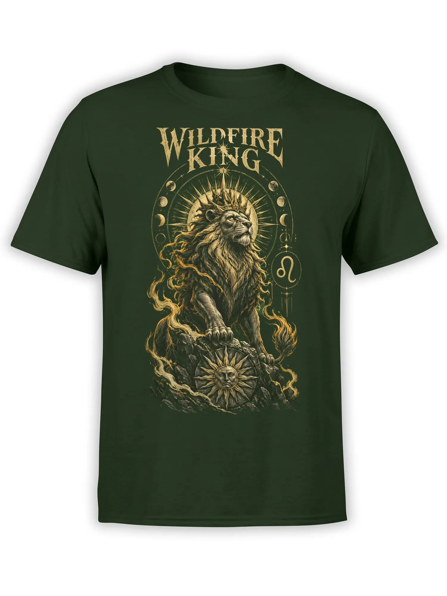 Majestic golden lion with moon phases and wildfire details on a dark green T-shirt