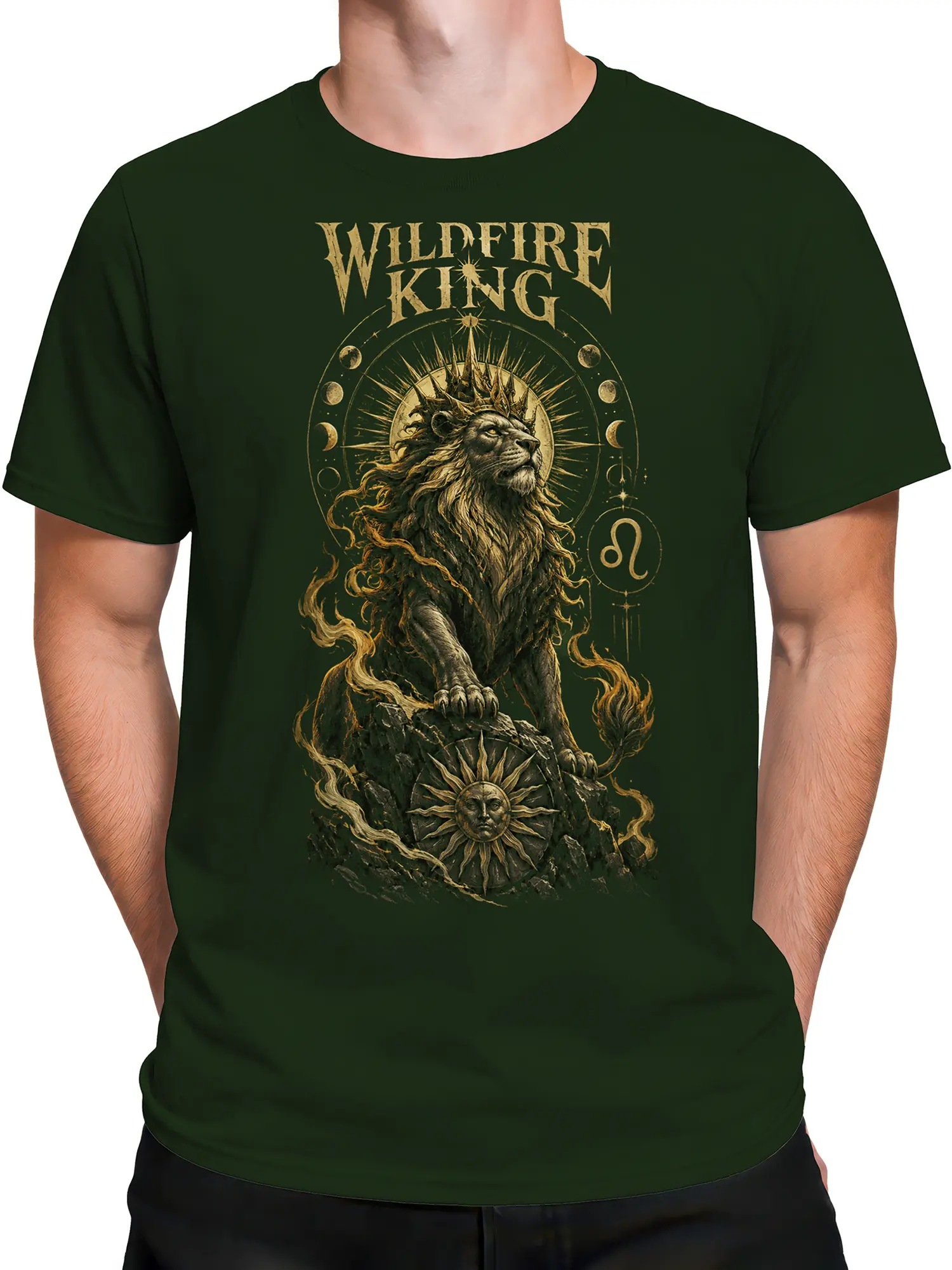 Male torso wearing a dark green T-shirt with a bold lion and celestial wildfire design