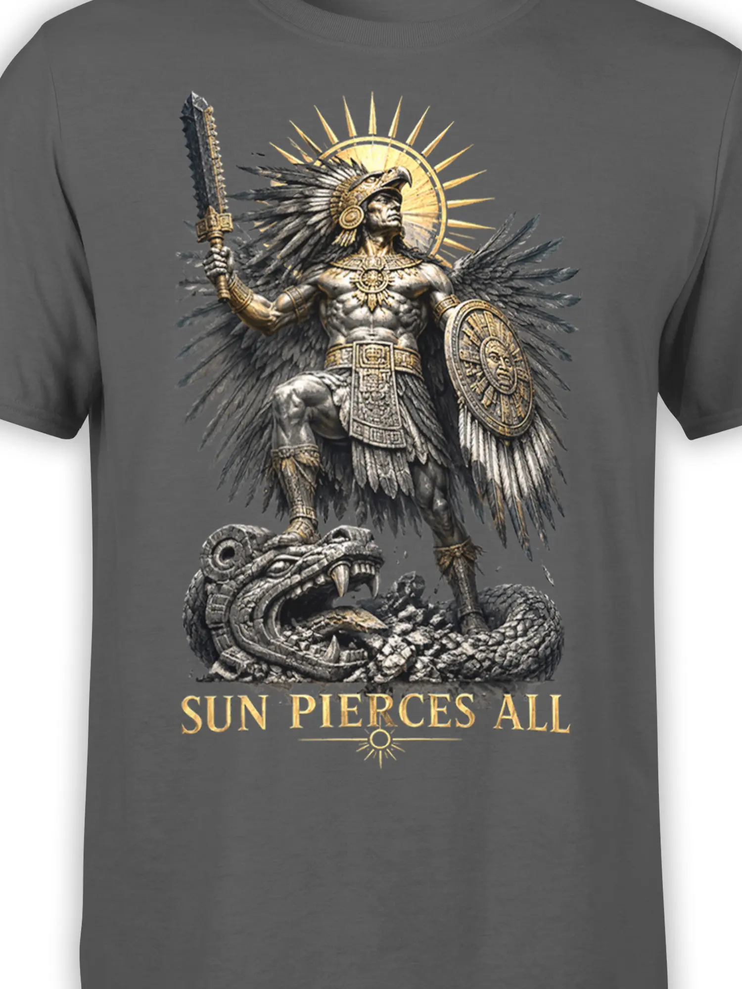 Close-up of gray shirt artwork showing the sun warrior, feathered headdress, sword, shield, and coiled beast