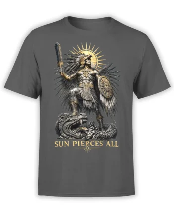 Gray T-shirt with feathered sun warrior, sword, shield, coiled creature, and “SUN PIERCES ALL” artwork