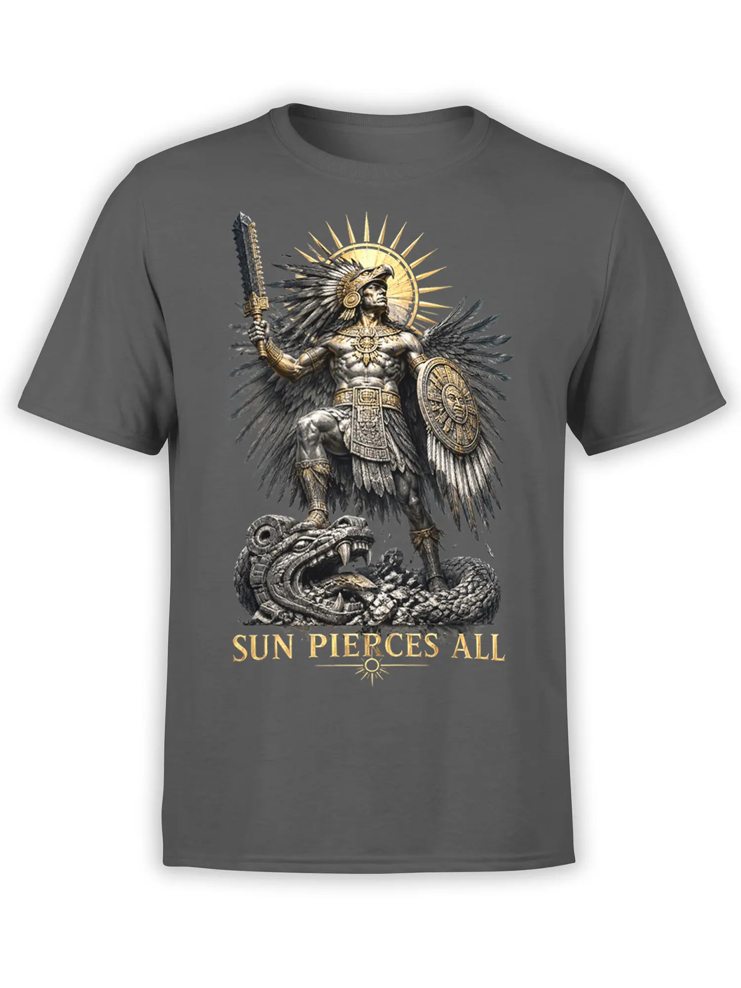 Gray T-shirt with feathered sun warrior, sword, shield, coiled creature, and “SUN PIERCES ALL” artwork