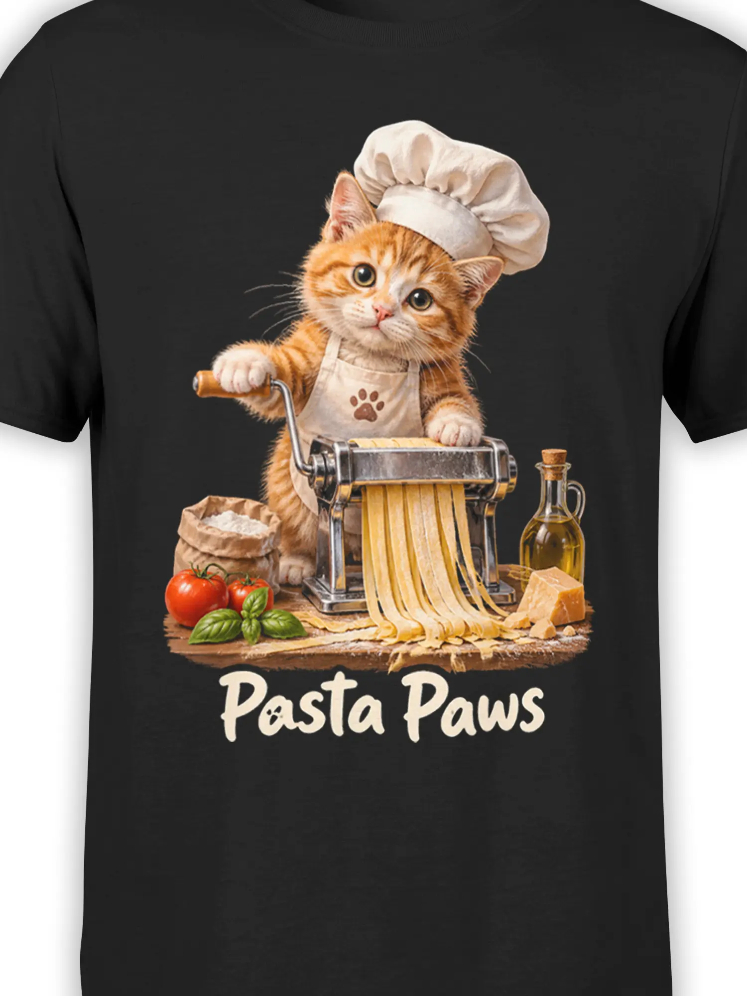 Close-up of orange tabby pasta chef design with noodles, kitchen ingredients, and Pasta Paws text on black fabric