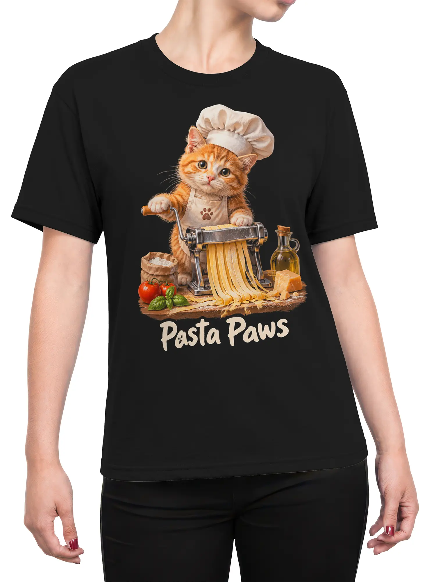 Female torso wearing a black cat t-shirt with an orange tabby chef making pasta and Pasta Paws lettering