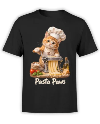 Black cat t-shirt with orange tabby chef making pasta, kitchen ingredients, and Pasta Paws lettering