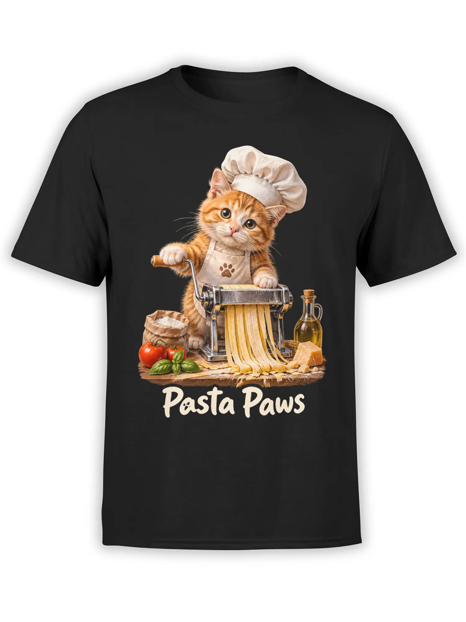 Black cat t-shirt with orange tabby chef making pasta, kitchen ingredients, and Pasta Paws lettering