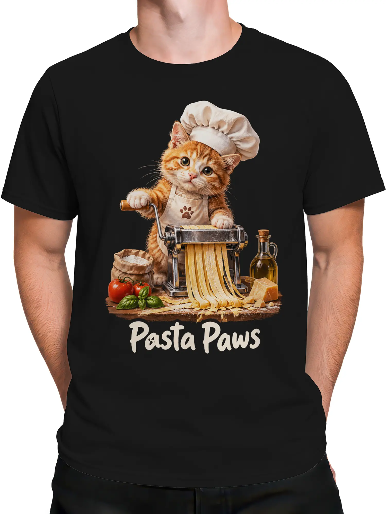 Male torso wearing a black cat t-shirt with an orange tabby pasta chef and Pasta Paws design